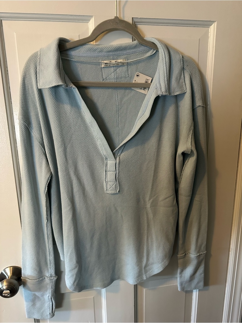 We The Free Light Blue Waffle Knit Polo Pullover